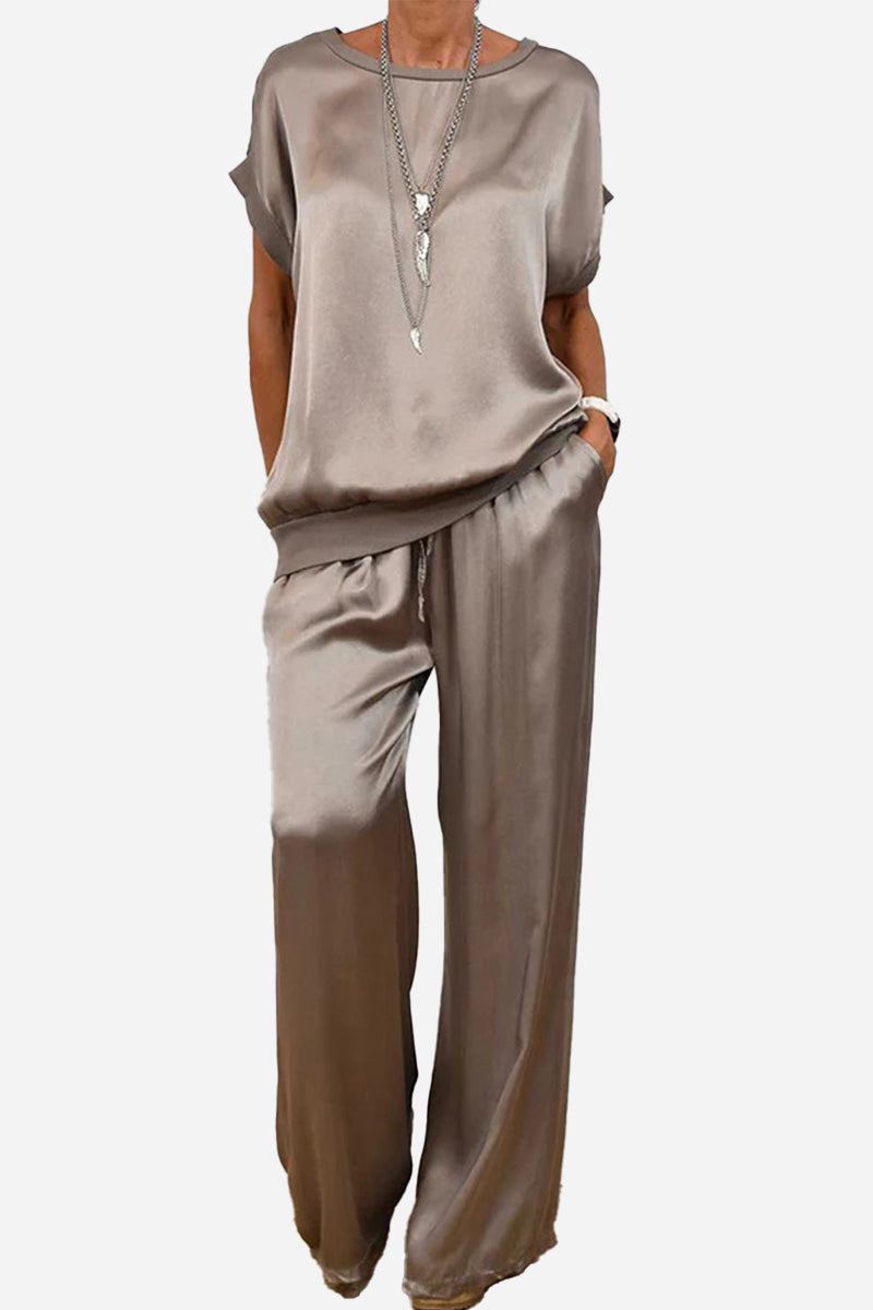 Women's Silken Escape satin two-piece set with relaxed fit top and wide-leg pants in taupe color