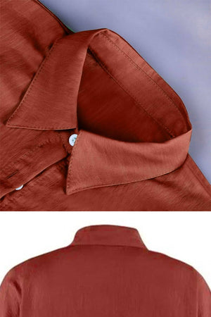 Coastal linen cotton rust-colored button-down shirt collar close-up and back view