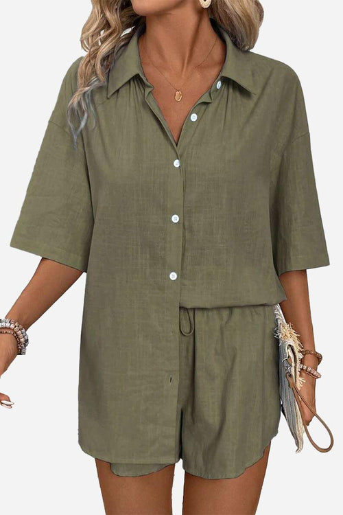 Women's Coastal Linen Cotton olive green button-up two-piece set with shorts and half sleeves