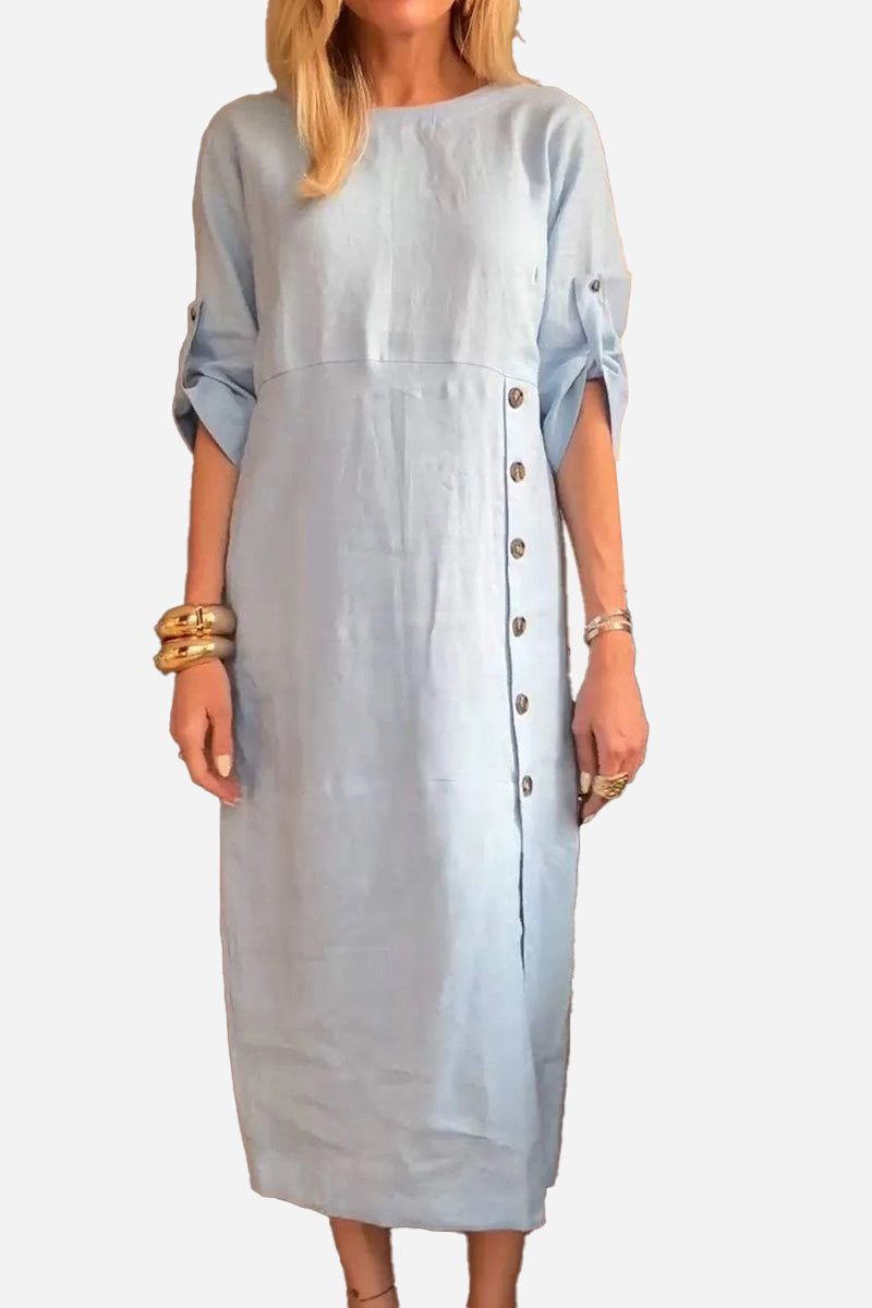 Light blue pure cotton elegance dress with button detailing and rolled-up sleeves