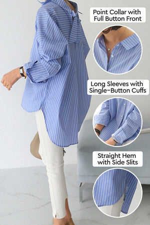 100 cotton oversized striped shirt with point collar, full button front, long sleeves, and straight hem with side slits in blue and white colors.