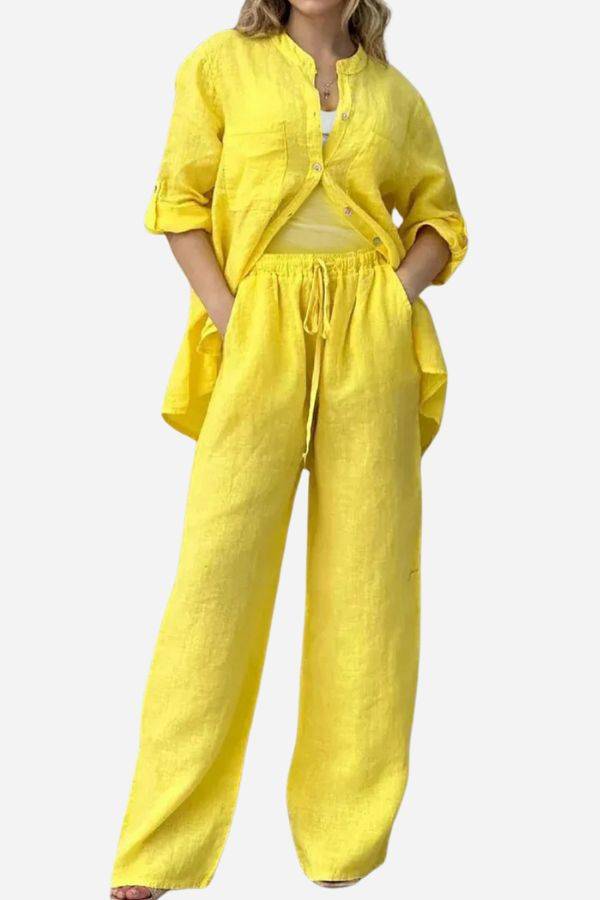 Yellow 100% cotton double comfort two-piece set with relaxed fit top and drawstring pants for breathable casual wear