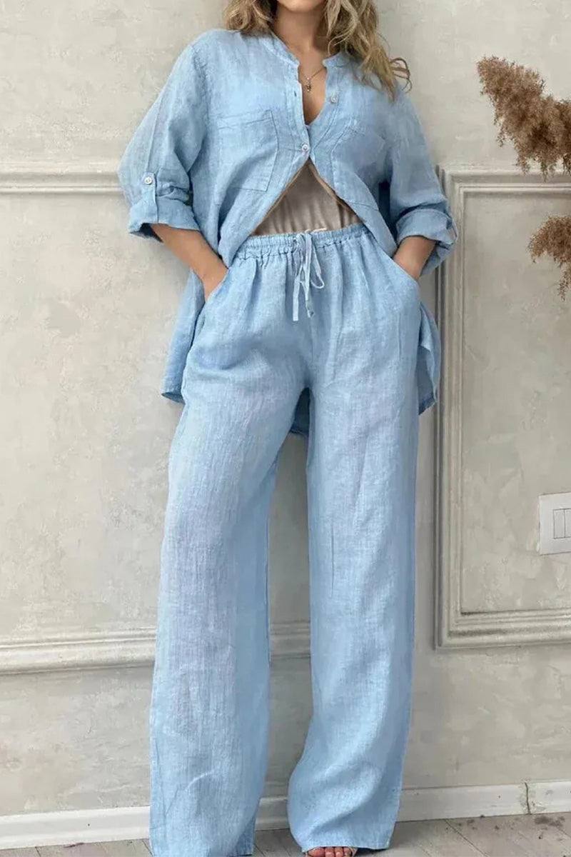 Light blue 100% cotton double comfort set with relaxed fit top and pants for breathable, casual wear