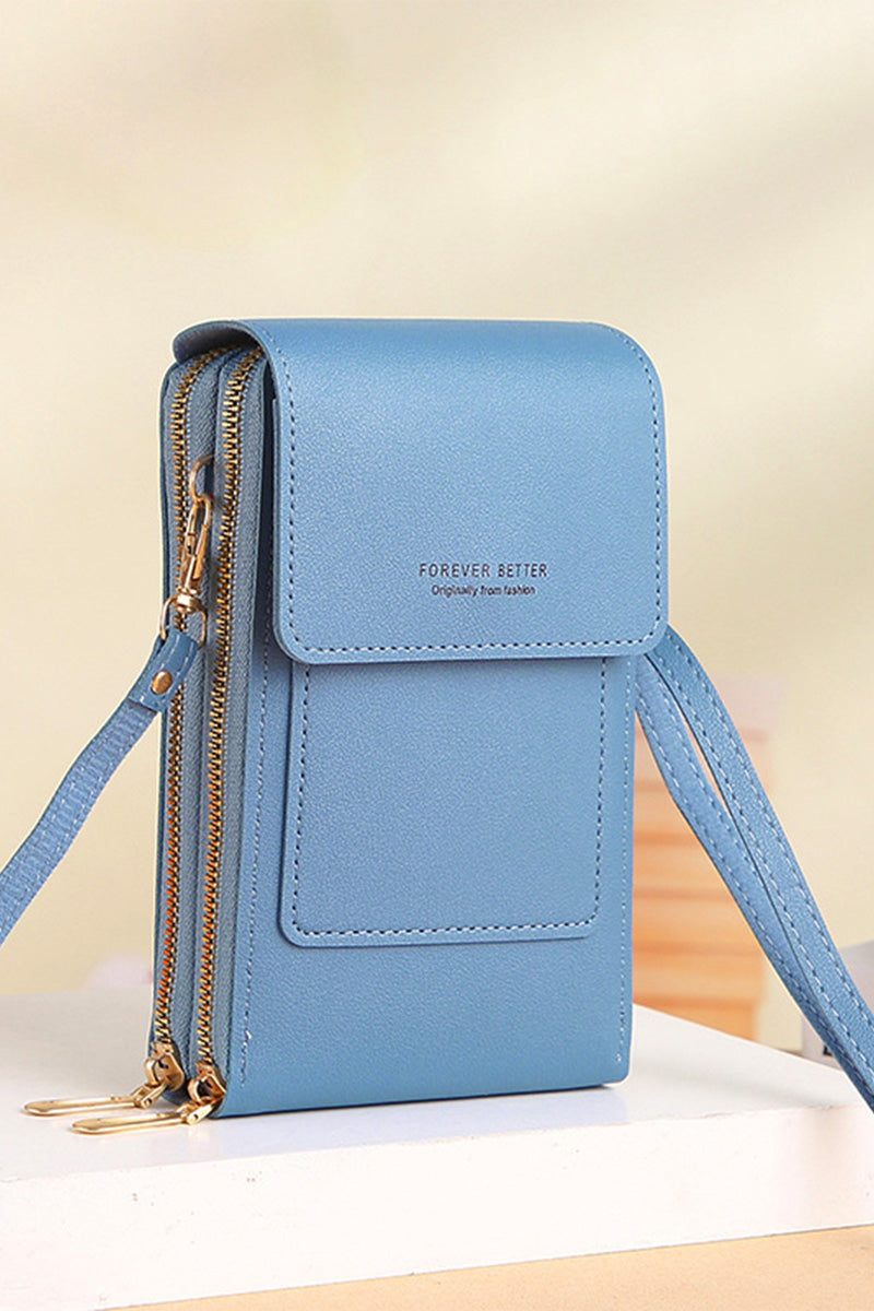 Blue anti-theft travel crossbody phone pouch made of durable PU leather with adjustable strap and secure zippered compartments.