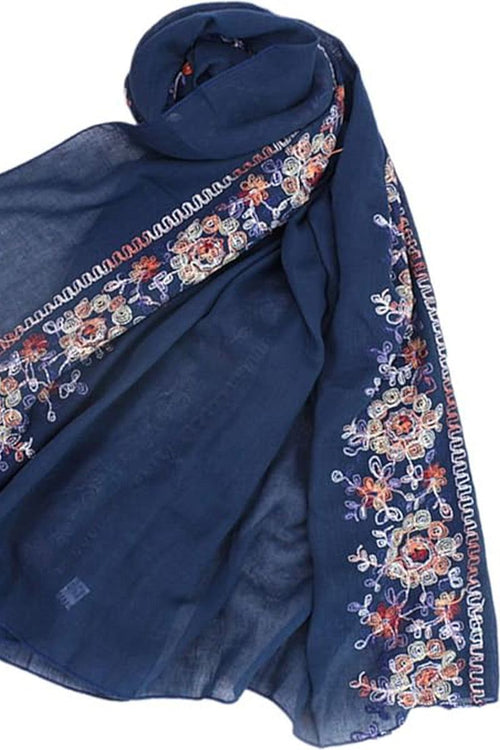 Embroidered Travel-Must Shawl in navy blue with floral embroidery, lightweight and versatile wrap for travel and sun protection