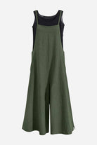 Olive green cotton blend comfort jumpsuit with wide legs and sleeveless design on black tank top background