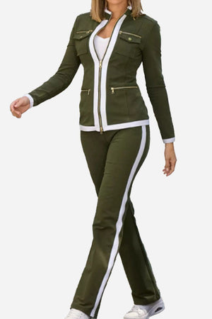 Olive green contrast zip two-piece set with white trim and gold zipper details, sleek and fitted design