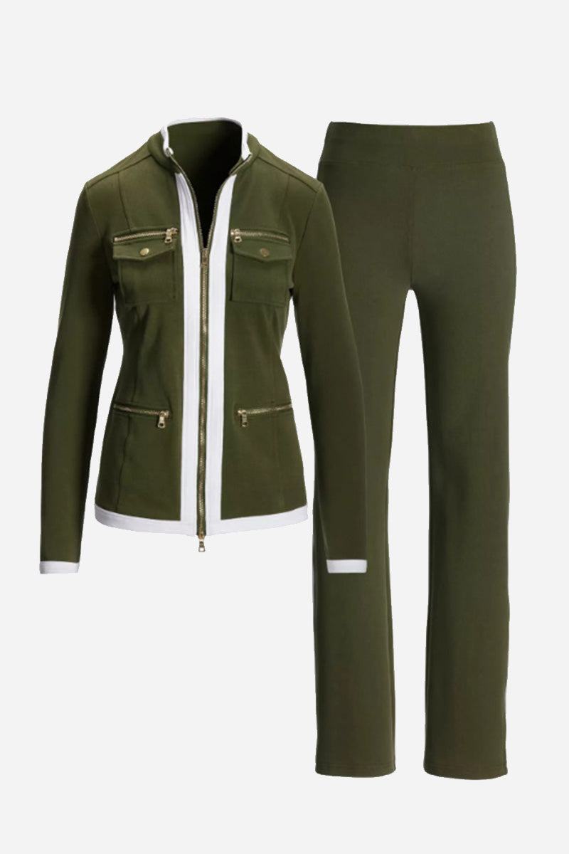Olive green contrast zip two-piece set with fitted jacket and matching pants in soft stretch fabric