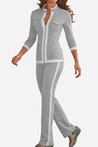 Grey contrast zip two-piece set with soft stretch fabric and flattering silhouette