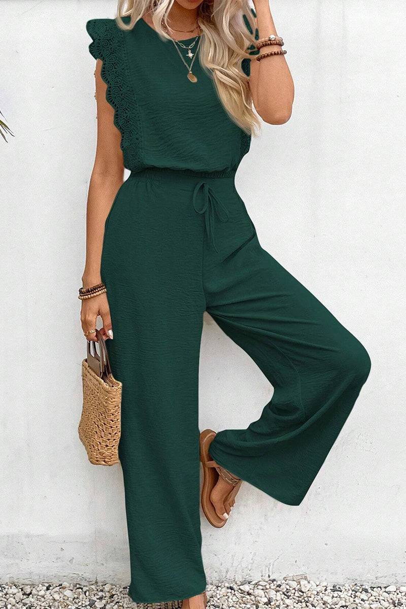 Elegant two-piece set with lace detail in dark green, featuring a sleeveless top and wide-leg pants.