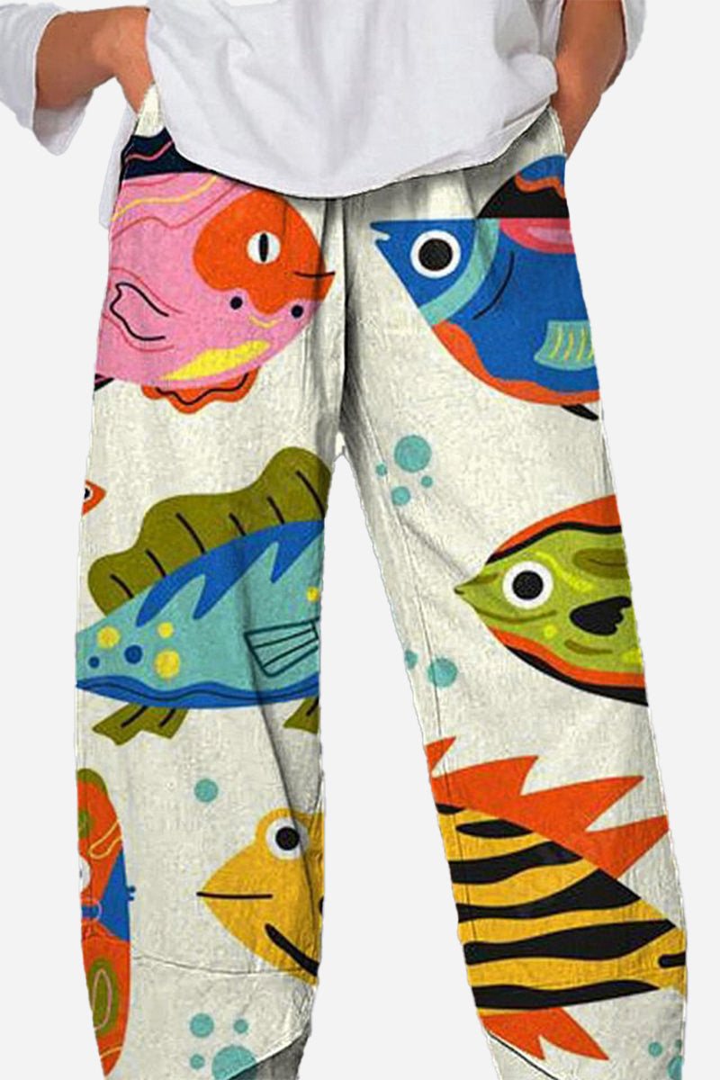 Colorful artistic sardine pattern breathable cropped pants with relaxed fit and side pockets