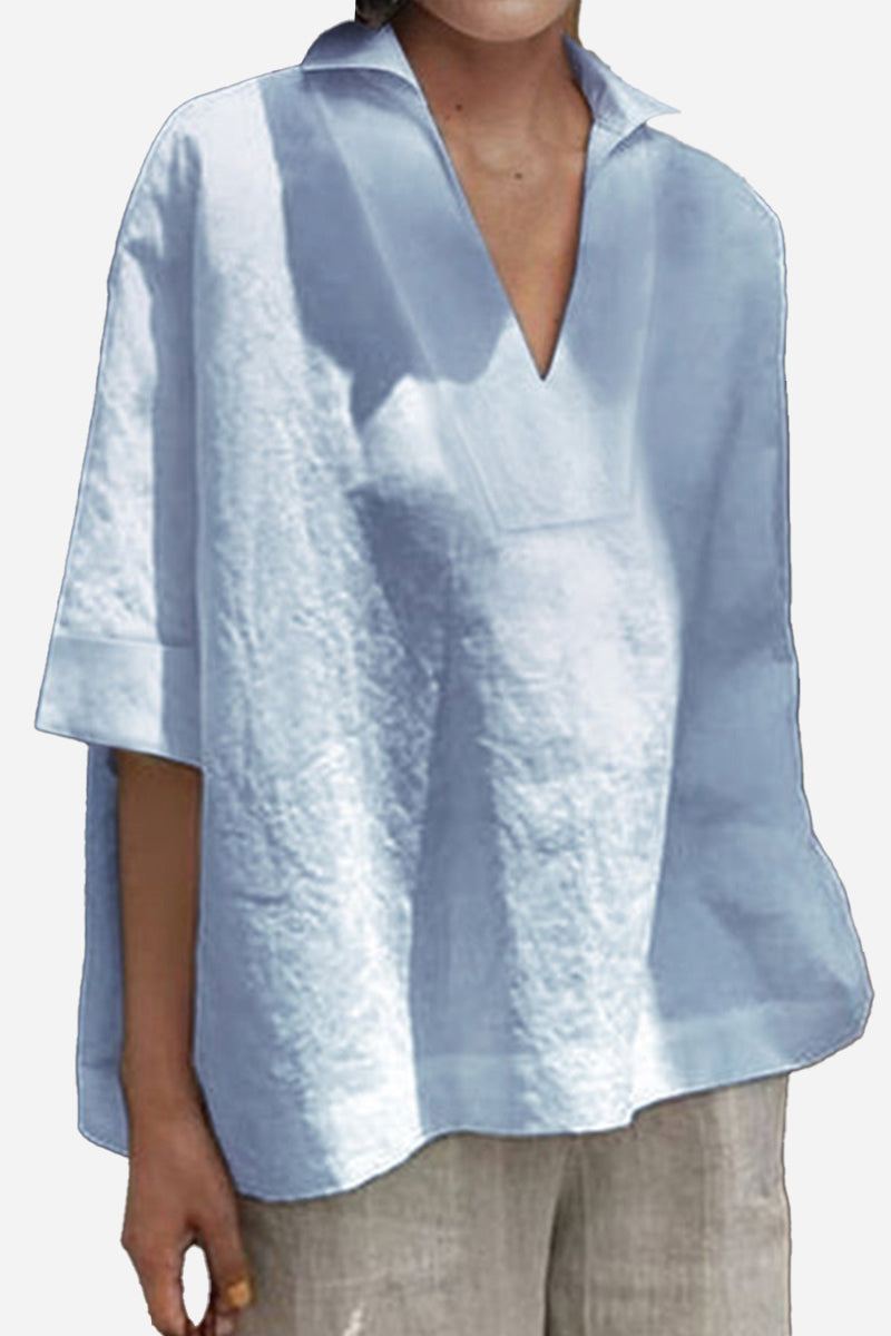 Light blue relaxed fit cotton-linen V-neck shirt with three-quarter sleeves and breathable fabric for casual wear.