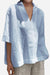 Light blue relaxed fit cotton-linen V-neck shirt with three-quarter sleeves and breathable fabric for casual wear.