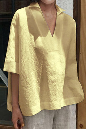 Light yellow relaxed fit cotton-linen V-neck shirt with half sleeves