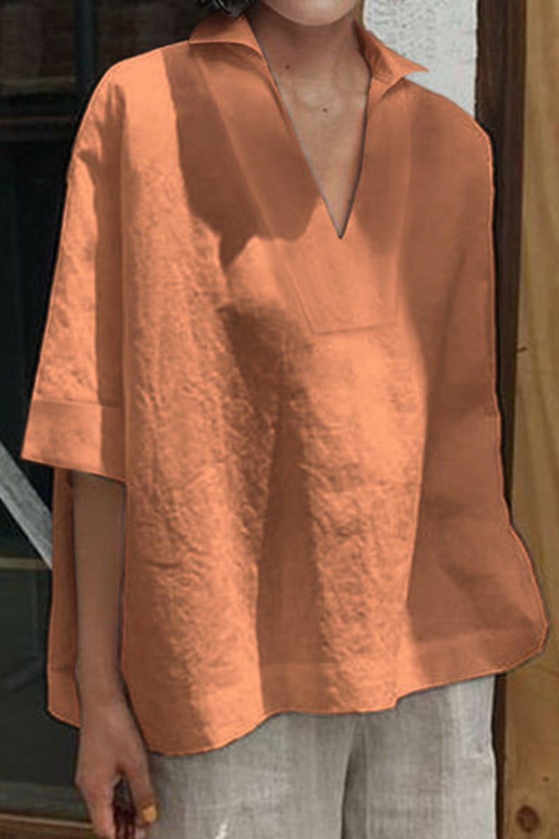 Relaxed fit cotton-linen V-neck shirt in rust color, breathable and lightweight summer top