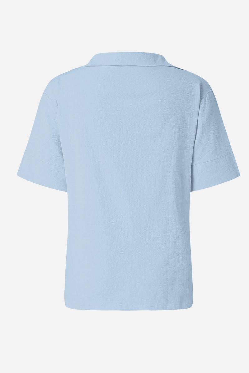Back view of light blue Cotton-Linen V-Neck relaxed fit shirt made of breathable cotton and linen blend