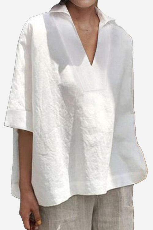 White Cotton-Linen V-Neck relaxed fit breathable shirt for women