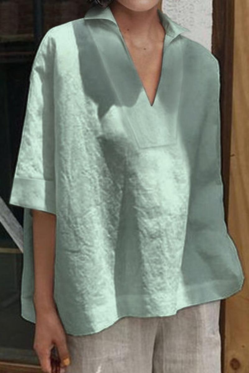 Cotton-Linen V-Neck relaxed fit shirt in light green breathable fabric