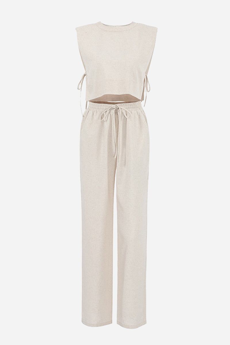 Breathable cotton-linen blend beige sleeveless crop top and drawstring pants two-piece set
