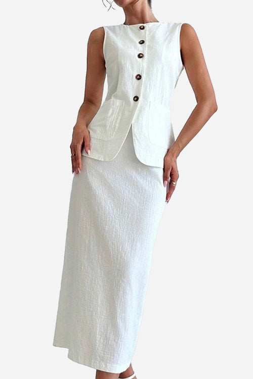 Woman wearing white cotton-linen blend sleeveless vest and high-waisted skirt two-piece outfit