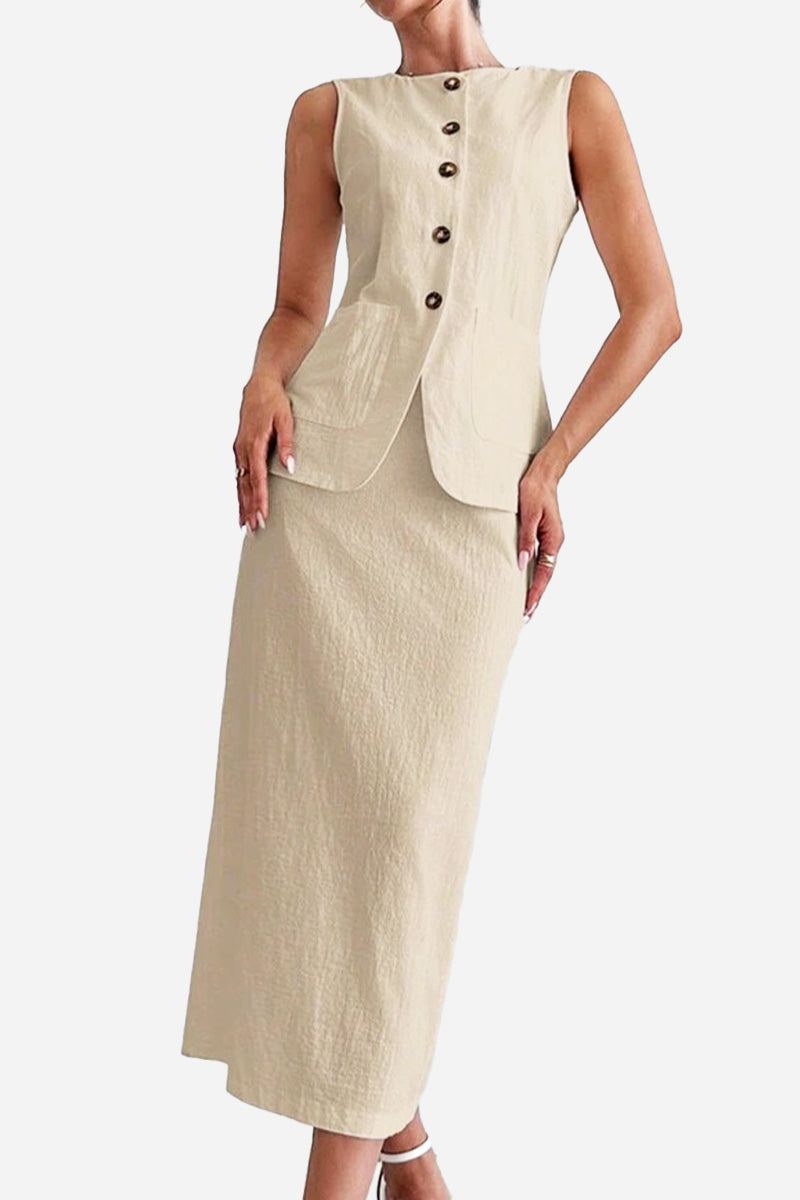 Sleeveless cotton-linen blend vest with high-waisted skirt in khaki tone, lightweight and breathable two-piece set.