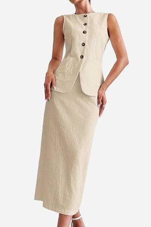 Sleeveless cotton-linen blend vest with high-waisted skirt in khaki tone, lightweight and breathable two-piece set.