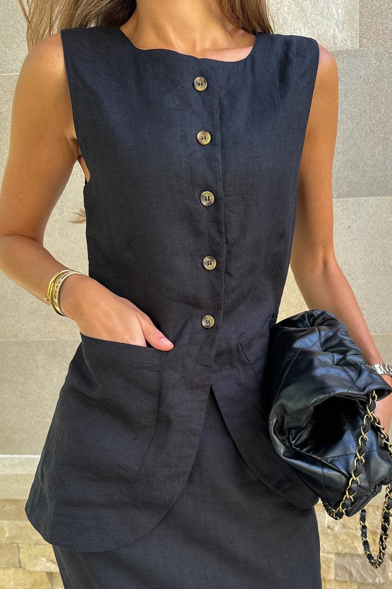 Sleeveless black cotton-linen blend vest with button front and pockets in a two-piece outfit