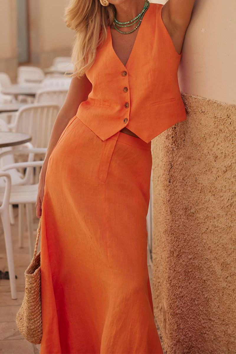 Cotton-linen blend Mediterranean sunset orange two-piece vest and flowing skirt set for breezy warm weather style