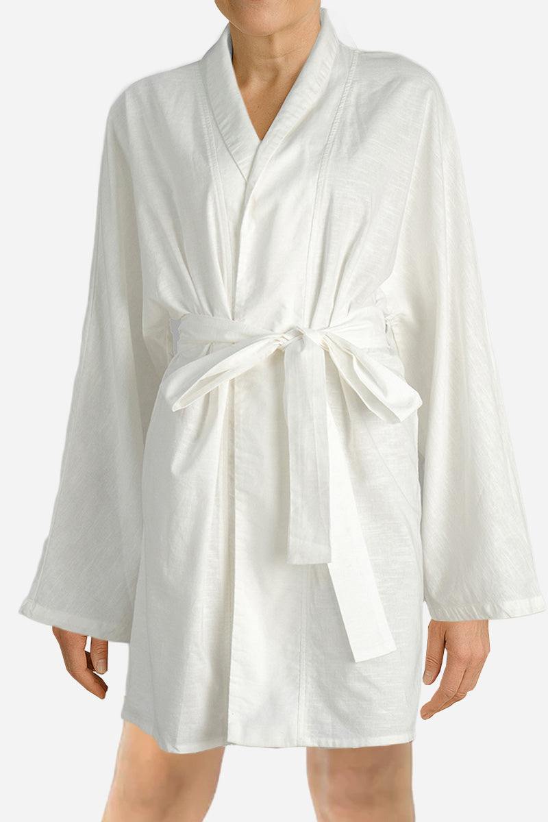White cotton-linen blend luxury spa robe with kimono sleeves and waist tie belt on model