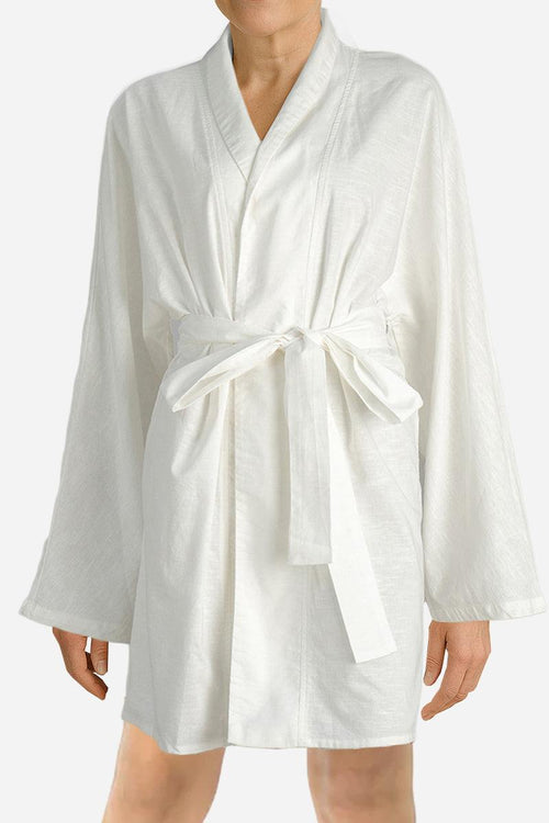 White cotton-linen blend luxury spa robe with kimono sleeves and waist tie belt on model