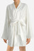 White cotton-linen blend luxury spa robe with kimono sleeves and waist tie belt on model
