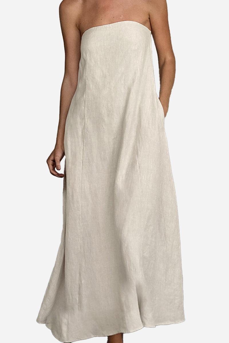 Strapless beige cotton linen blend A-line maxi dress with elastic back panel for comfort