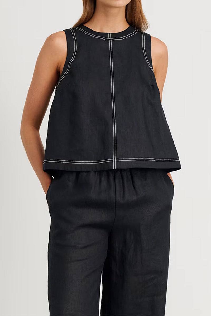 Cotton-linen relaxed two-piece set with split-back top and wide-leg trousers in black