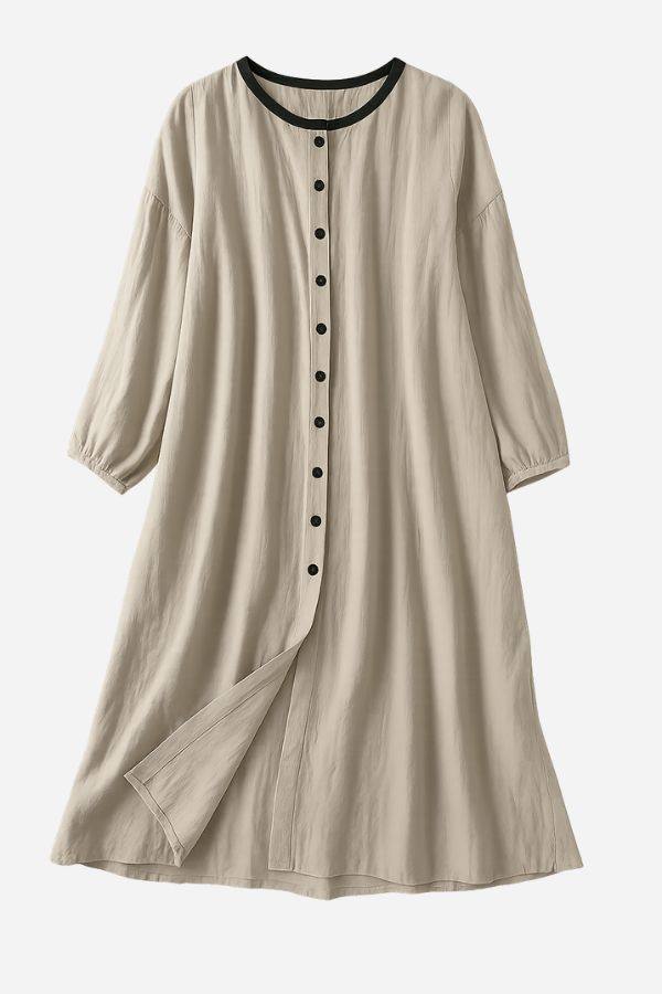 100% linen oversized button-down tunic dress in neutral beige with black contrast collar and buttons