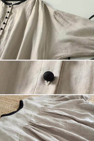 100% linen oversized button-down tunic with black contrast buttons and collar trim in neutral grey, breathable and soft fabric