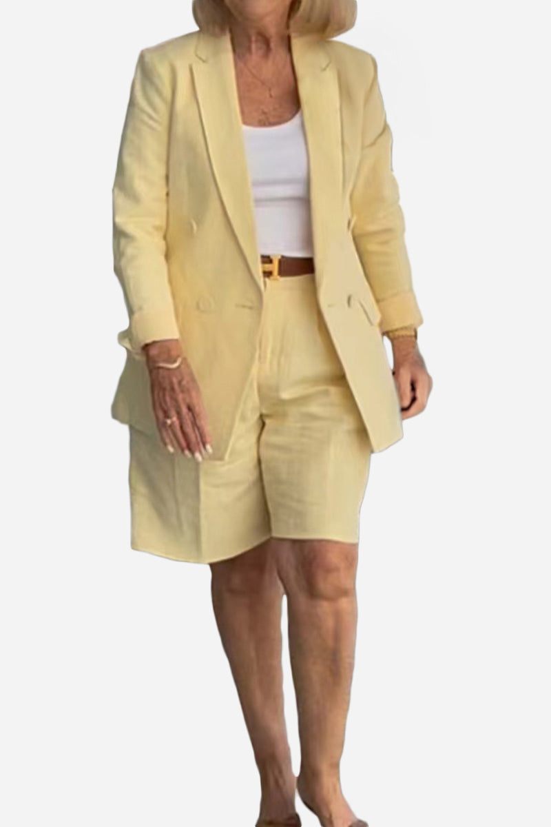 Stylish blazer and shorts two-piece set in light yellow, tailored blazer with matching shorts for women.