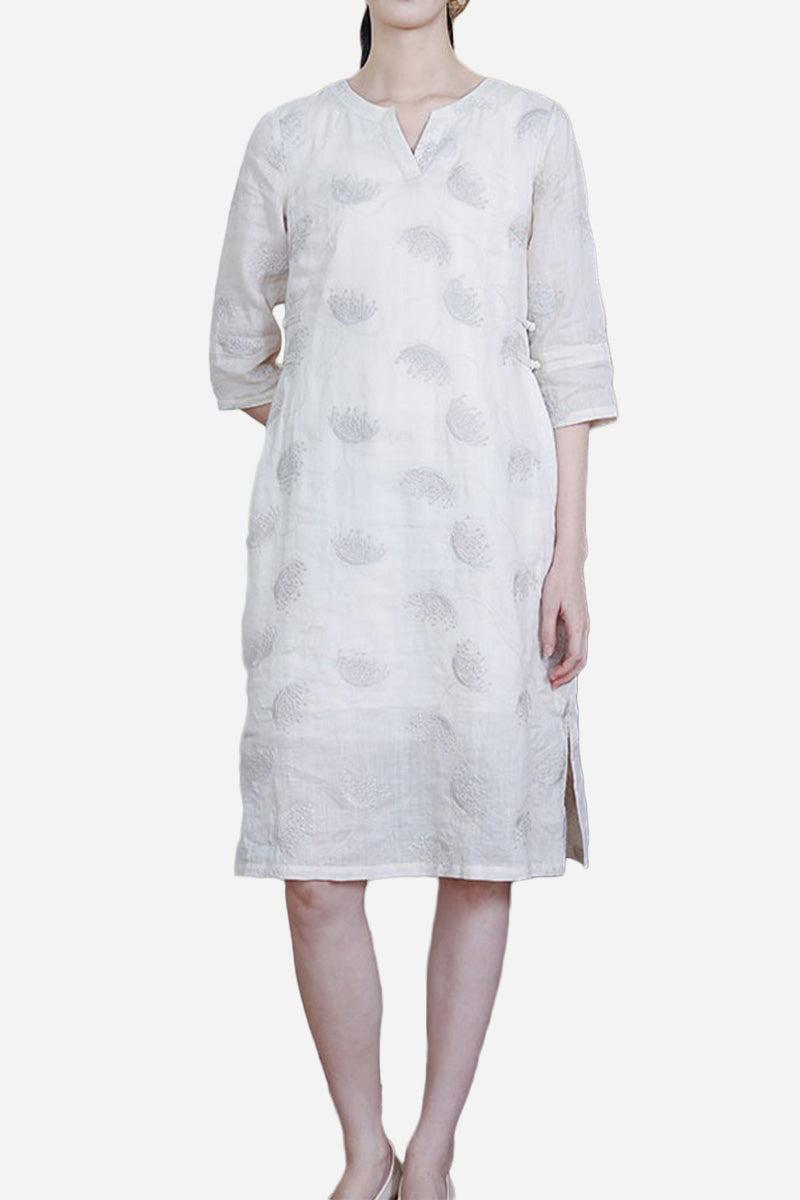 White 100% linen midi dress with embroidered notch-neck and three-quarter sleeves, breathable and relaxed fit.