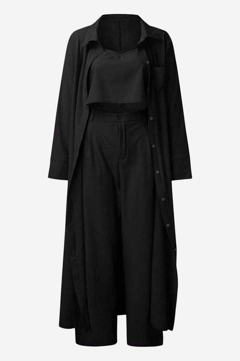 Black relaxed fit shirt and trouser three-piece set with long shirt, crop top, and wide-leg trousers.