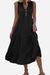 Bohemian tiered midi dress with V-neck button detail in black on model