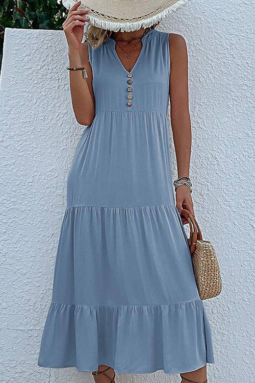 Bohemian Tiered Midi Dress with V-Neck Button Detail