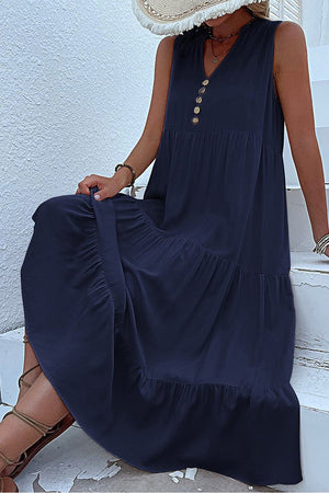 Bohemian Tiered Midi Dress with V-Neck Button Detail