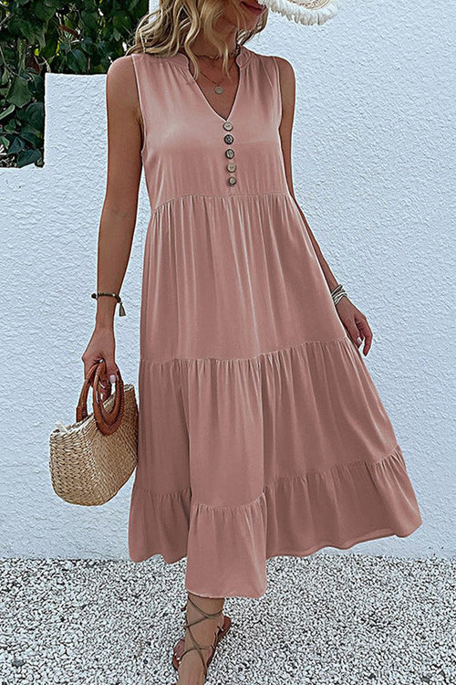 Bohemian Tiered Midi Dress with V-Neck Button Detail