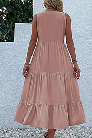 Bohemian Tiered Midi Dress with V-Neck Button Detail