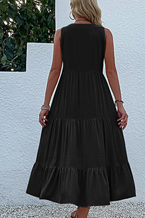 Bohemian Tiered Midi Dress with V-Neck Button Detail