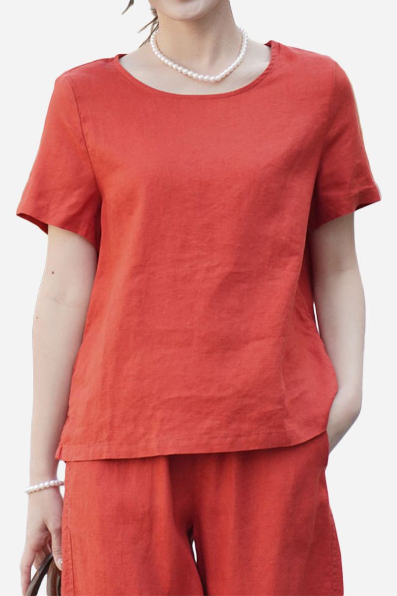 Women's breathable 100% pure linen classic short sleeve shirt in burnt orange with round neckline.