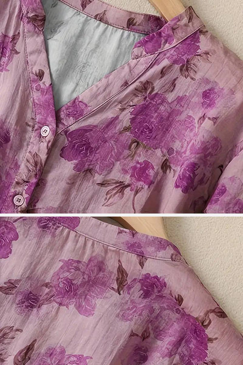 French Boutique Style organza blouse with pink floral print, lightweight and elegant design.