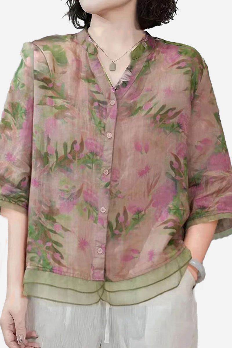 French boutique style organza floral print blouse with lightweight breathable fabric and elegant design