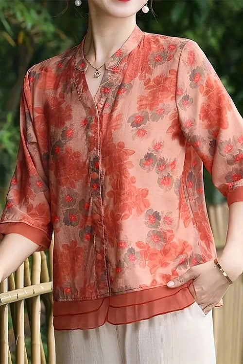 French boutique style organza blouse with elegant red floral print and lightweight breathable fabric