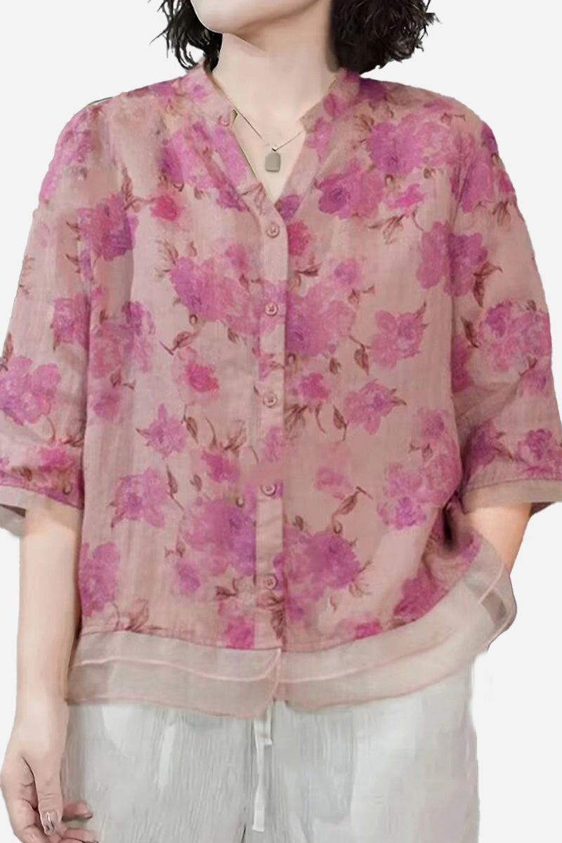 French boutique style organza blouse with pink floral print and lightweight breathable fabric