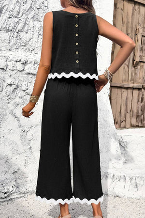 Scalloped Trim Sleeveless Top & Wide Leg Pants Set